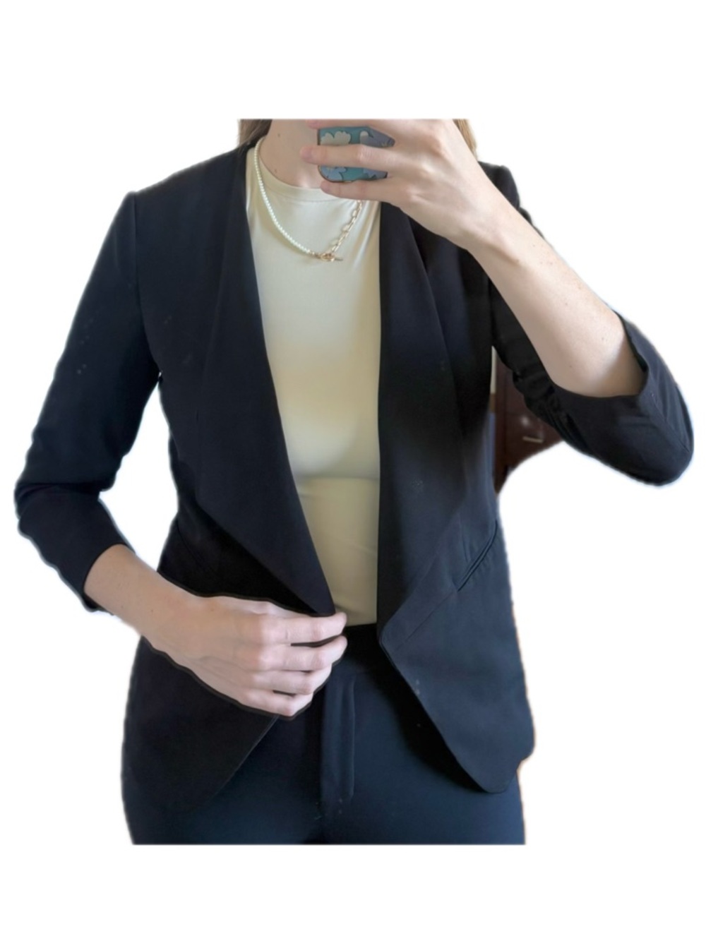 H&M Black Draped Open Front Blazer Ruched Sleeve Work Interview Jacket Size 12